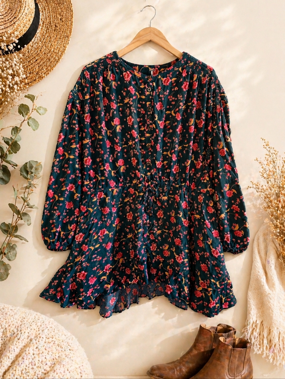 Free People Floral Mini Dress Women's Size Large Boho Flowing Green Pink